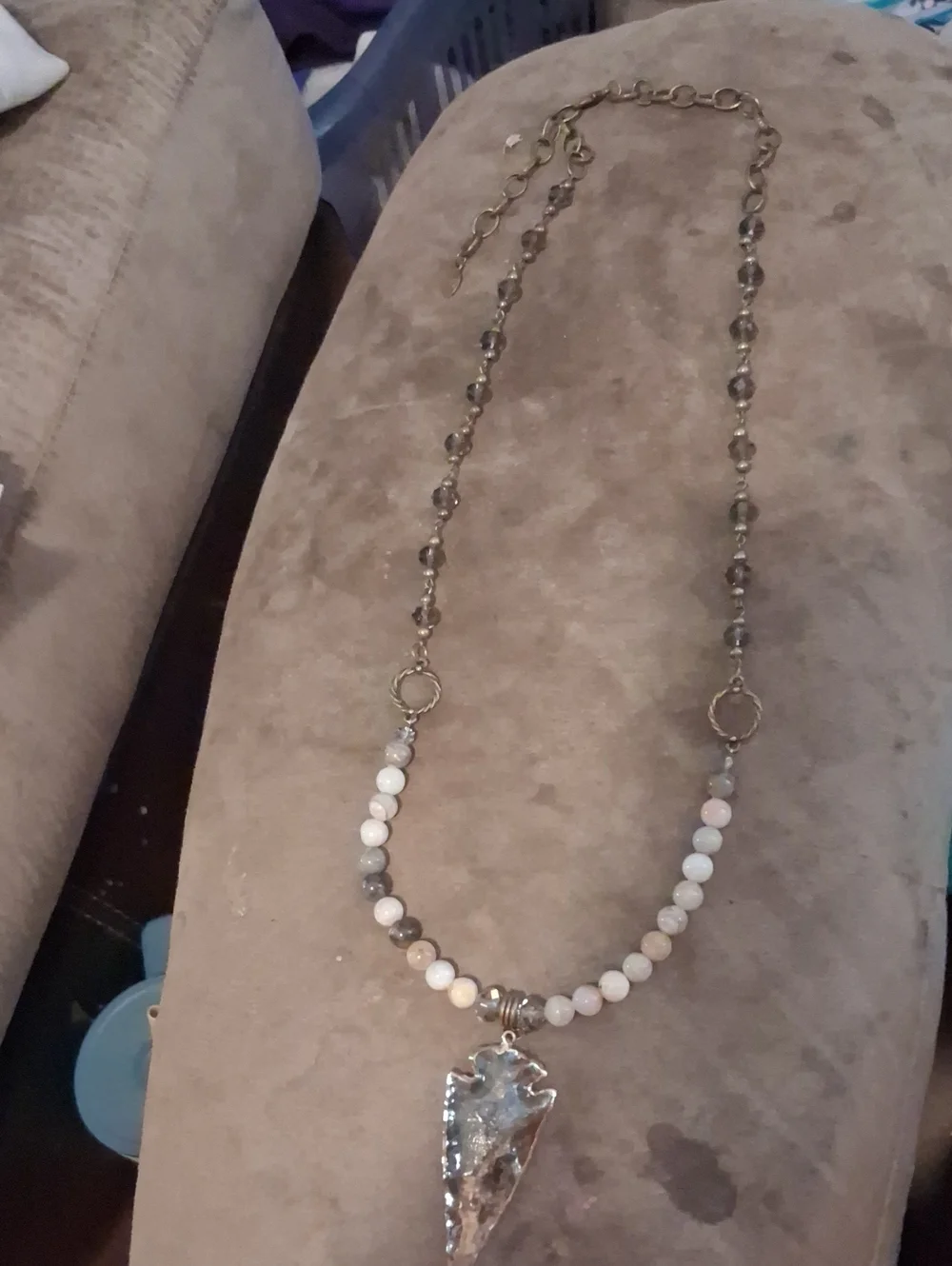 Handcrafted Silver Arrowhead Pendant Necklace with Cream and Gray Beads